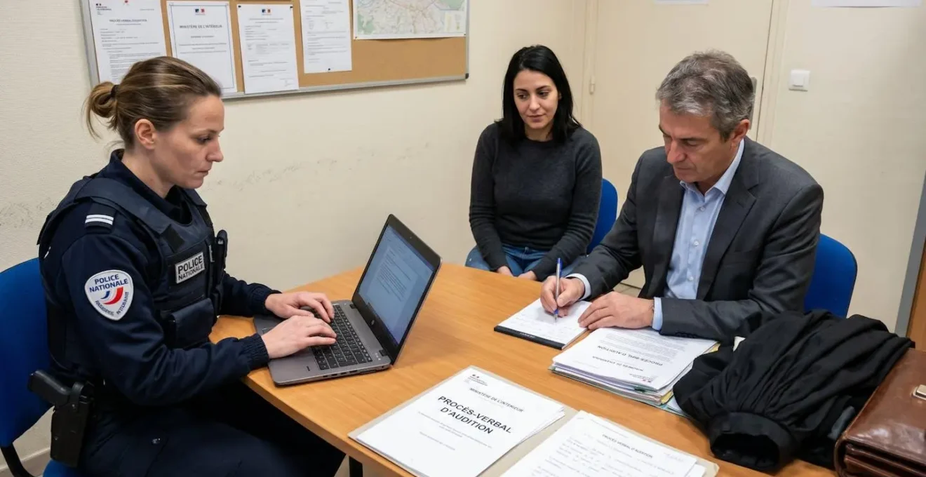 Avocat pénaliste assistant sa cliente lors d'une audition en garde à vue : prise de notes sur le procès-verbal en présence de l'officier de police judiciaire