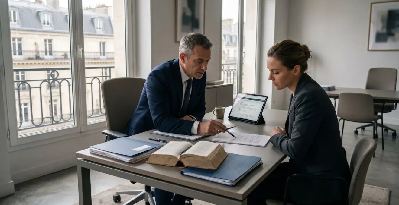 Consultation juridique d'urgence dans un cabinet d'avocat pénaliste à Paris : avocat et cliente examinant ensemble le Code de procédure pénale ouvert sur un bureau contemporain