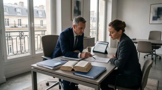 Consultation juridique d'urgence dans un cabinet d'avocat pénaliste à Paris : avocat et cliente examinant ensemble le Code de procédure pénale ouvert sur un bureau contemporain